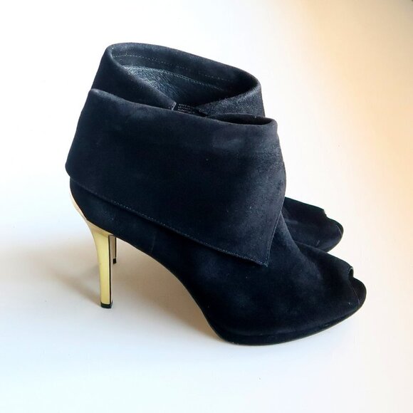 Michael Kors Black Suede Leather Peep Toe Gold Heel Ankle Boots / Booties Sz. 10 - Picture 2 of 16